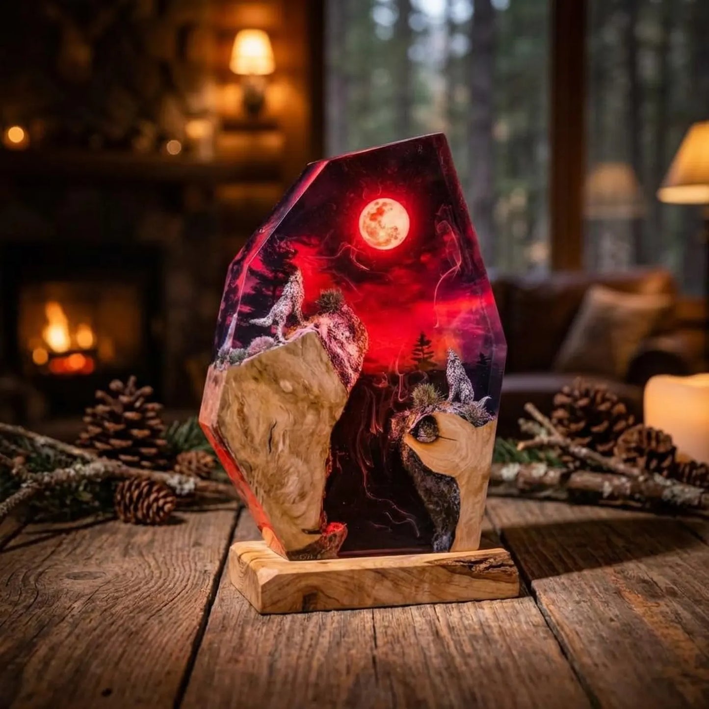 Wolfslampe aus Holz & Harz 