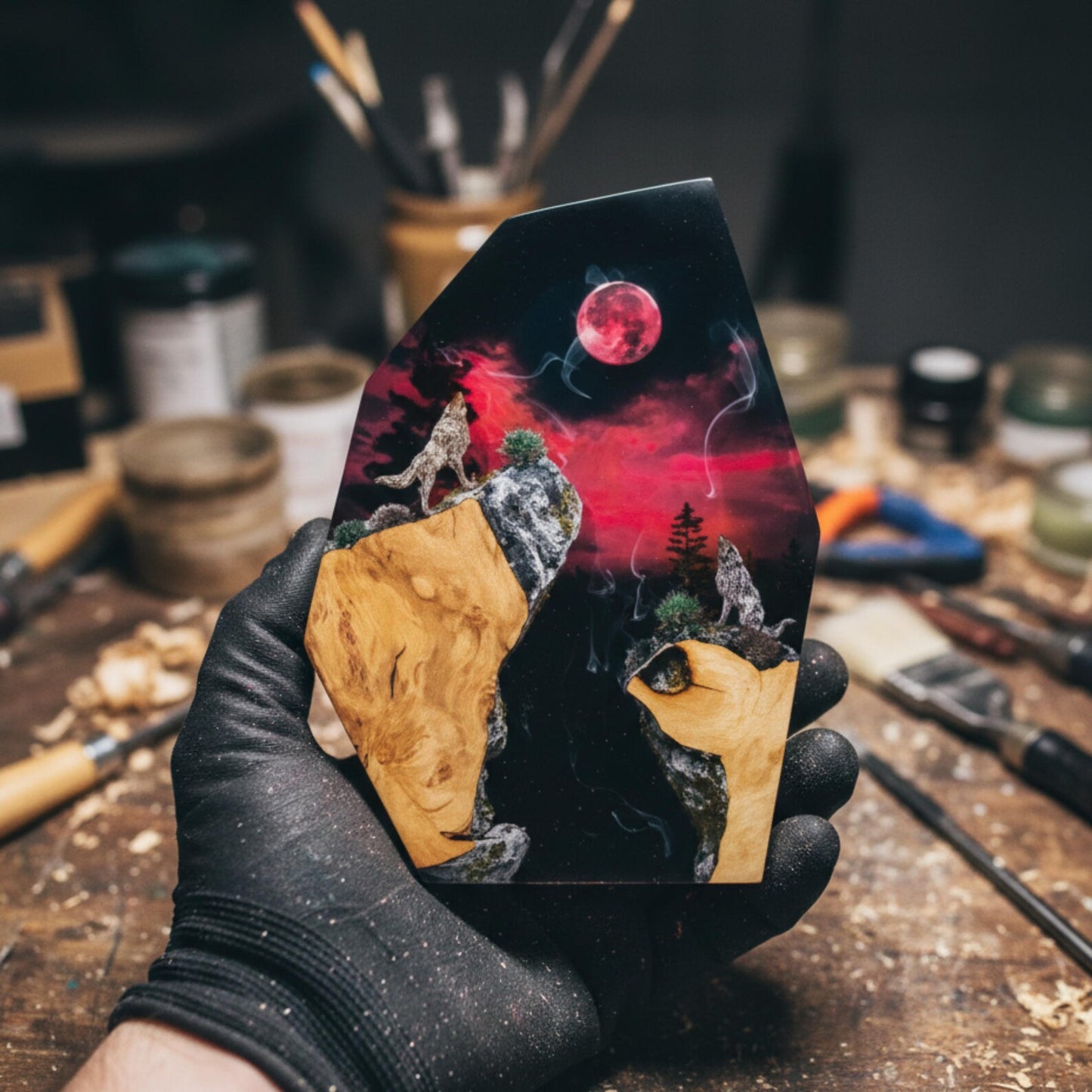 Wolfslampe aus Holz & Harz 