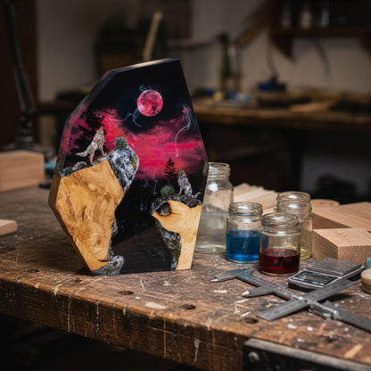 Wolfslampe aus Holz & Harz 